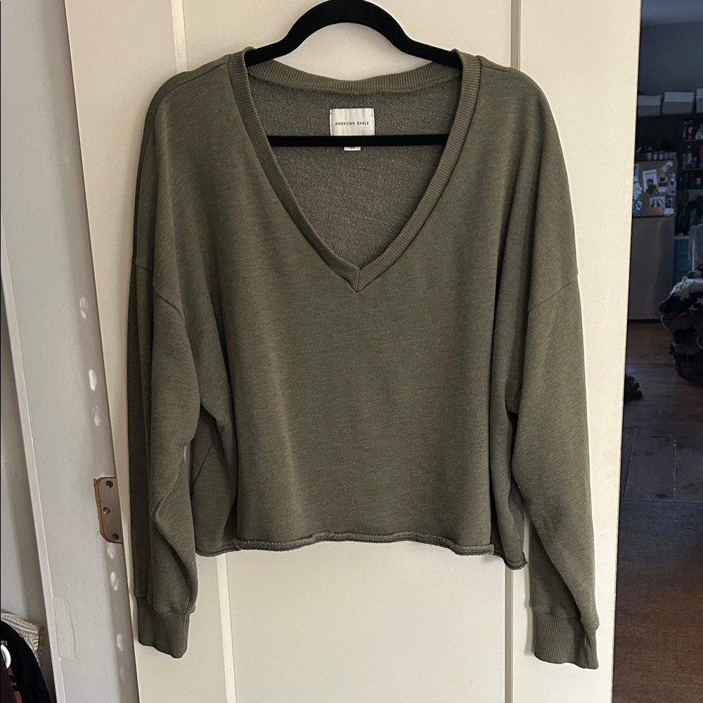 American Eagle Olive V-Neck Long-Sleeve Cropped Top